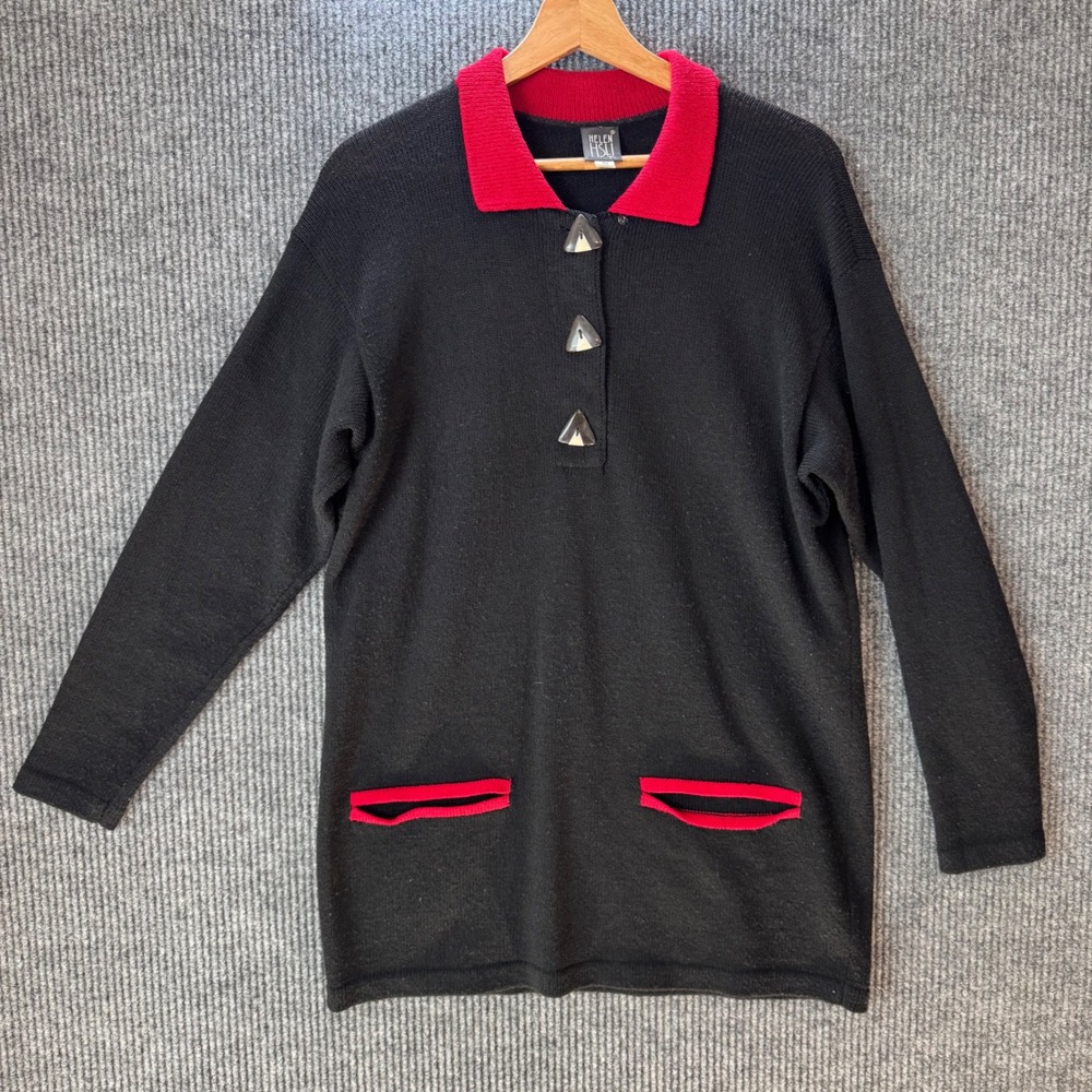 VTG Helen HSU Tunic Sweater Dress Long Sleeve Knit Novelty Buttons‎ Black Red S